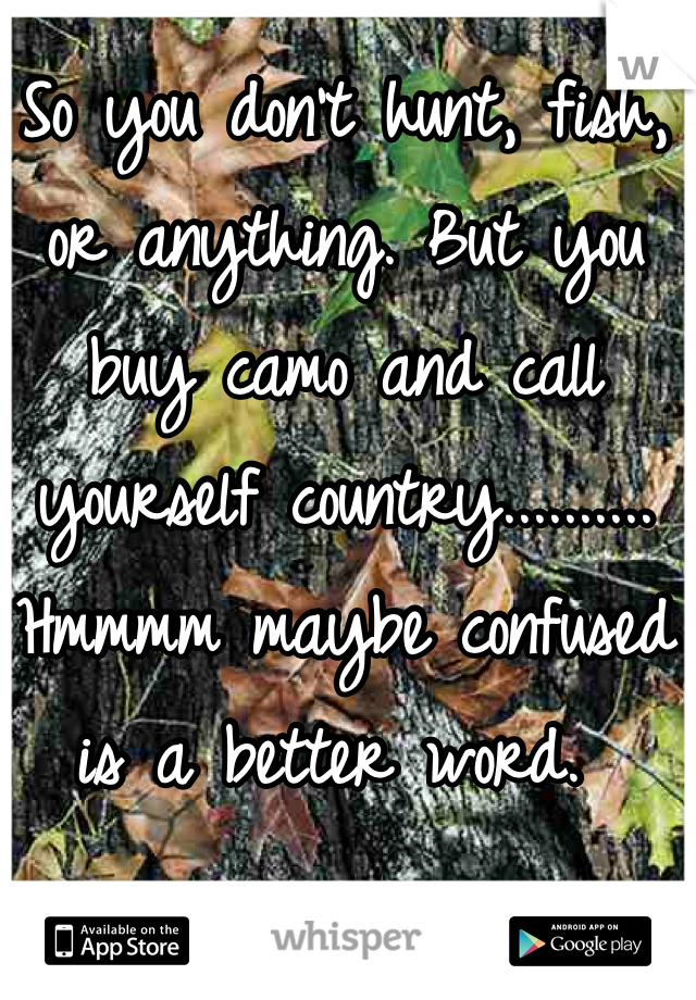 So you don't hunt, fish, or anything. But you buy camo and call yourself country.......... Hmmmm maybe confused is a better word. 