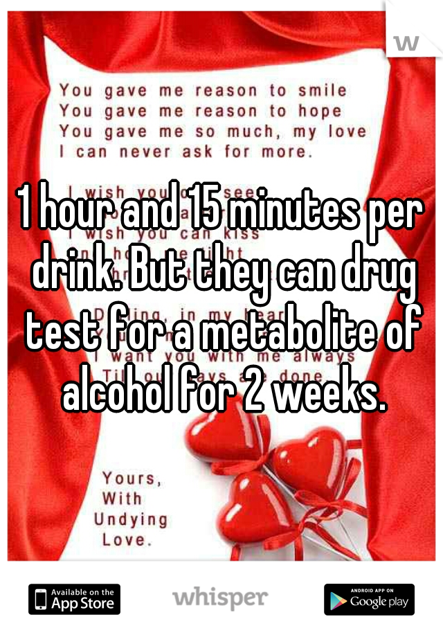 1 hour and 15 minutes per drink. But they can drug test for a metabolite of alcohol for 2 weeks.