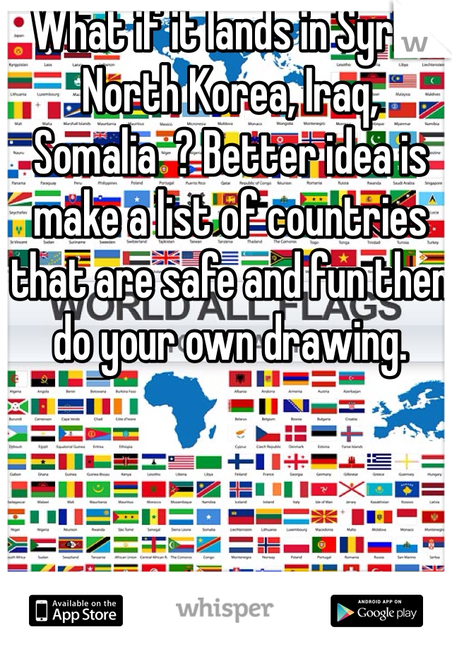 What if it lands in Syria, North Korea, Iraq, Somalia  ? Better idea is make a list of countries that are safe and fun then do your own drawing. 