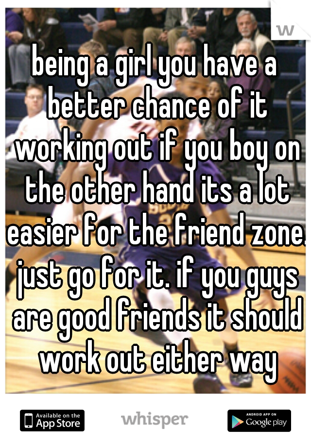 being a girl you have a better chance of it working out if you boy on the other hand its a lot easier for the friend zone. just go for it. if you guys are good friends it should work out either way