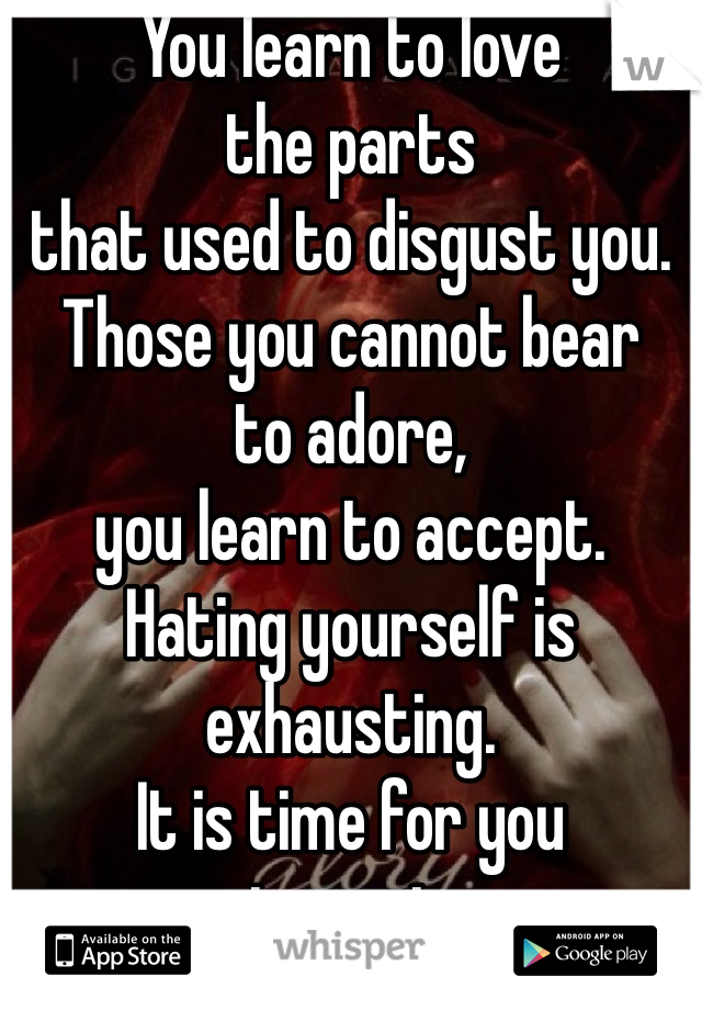 You learn to love the parts that used to disgust you. Those you cannot bear to adore, you learn to accept. Hating yourself is exhausting. It is time for you to rest.