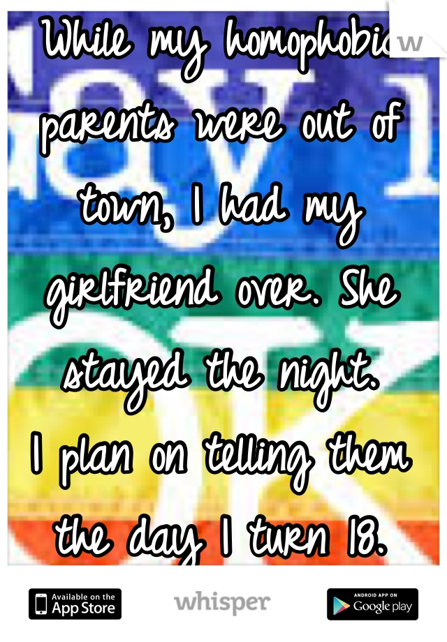 While my homophobic parents were out of town, I had my girlfriend over. She stayed the night. 
I plan on telling them the day I turn 18.