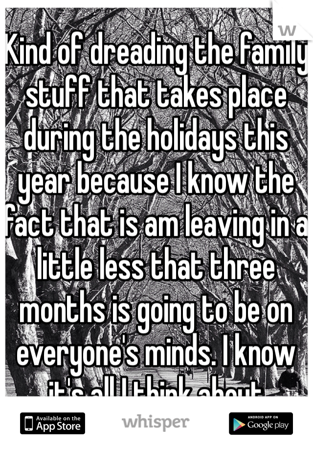 Kind of dreading the family stuff that takes place during the holidays this year because I know the fact that is am leaving in a little less that three months is going to be on everyone's minds. I know it's all I think about