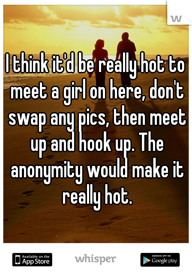 I think it'd be really hot to meet a girl on here, don't swap any pics, then meet up and hook up. The anonymity would make it really hot.