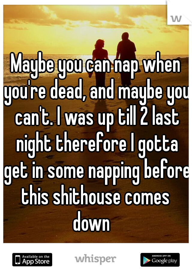 Maybe you can nap when you're dead, but maybe you can't. I was up till 2 last night therefore I gotta get in some napping before this shithouse comes down