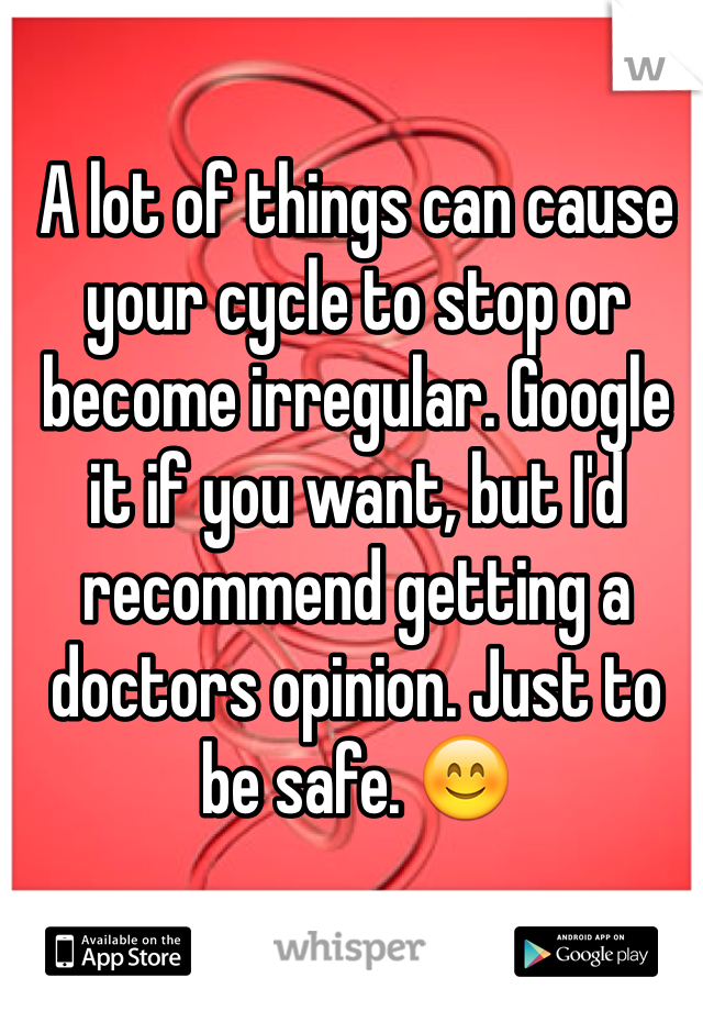 A lot of things can cause your cycle to stop or become irregular. Google it if you want, but I'd recommend getting a doctors opinion. Just to be safe. 😊