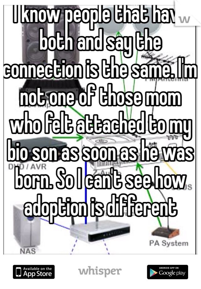 I know people that have both and say the connection is the same. I'm not one of those mom who felt attached to my bio son as soon as he was born. So I can't see how adoption is different 