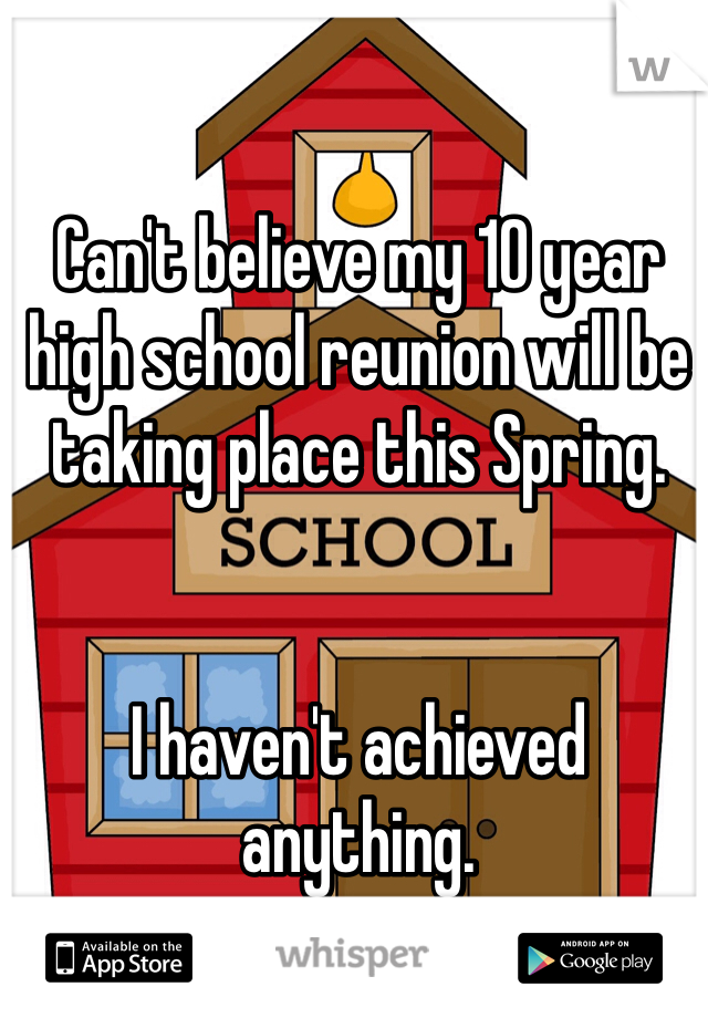 Can't believe my 10 year high school reunion will be taking place this Spring. 


I haven't achieved anything.