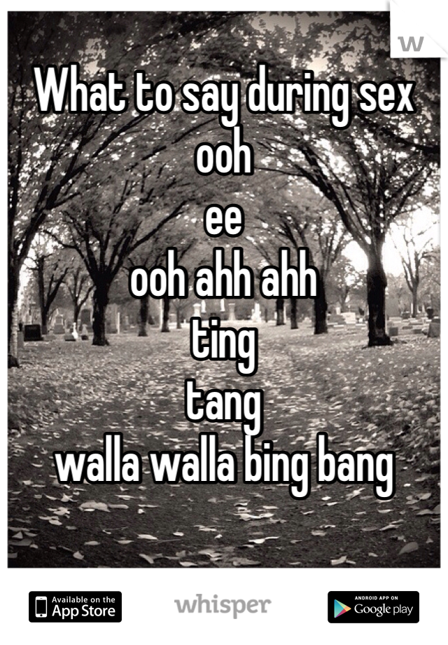 
What to say during sex
ooh
ee
ooh ahh ahh
ting
tang
walla walla bing bang

