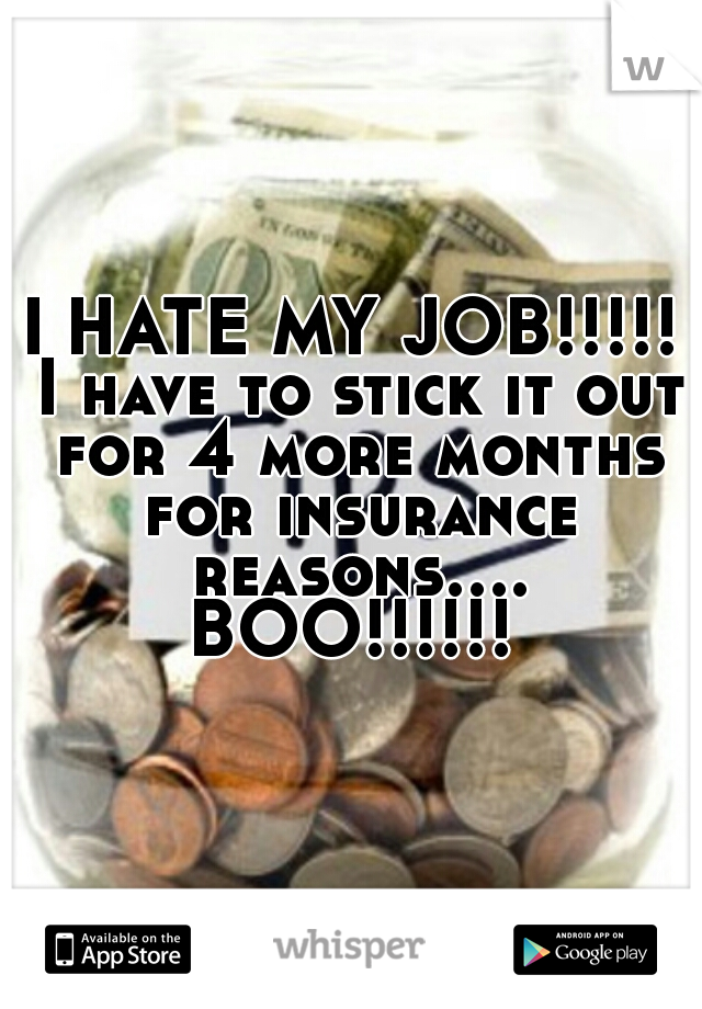 I HATE MY JOB!!!!! I have to stick it out for 4 more months for insurance reasons.... BOO!!!!!! 