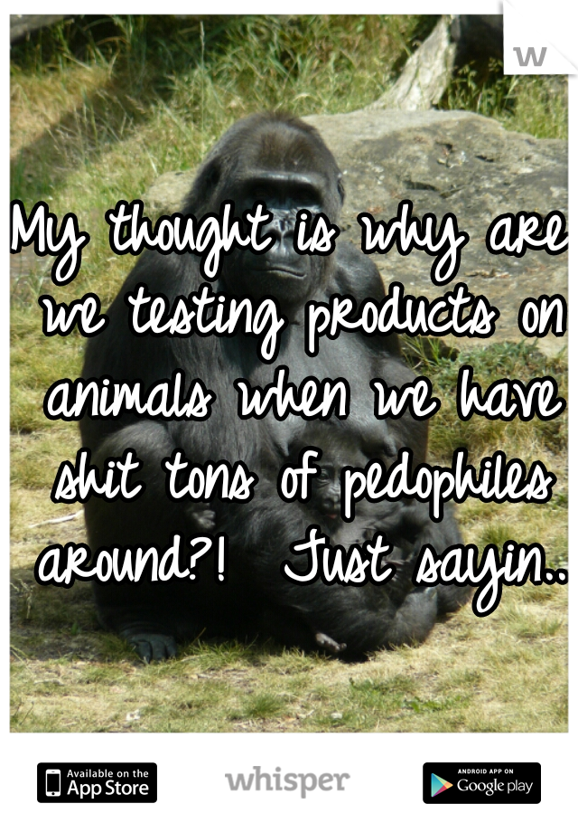 My thought is why are we testing products on animals when we have shit tons of pedophiles around?!  Just sayin.. 