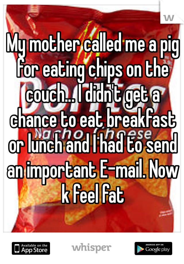 My mother called me a pig for eating chips on the couch... I didn't get a chance to eat breakfast or lunch and I had to send an important E-mail. Now k feel fat