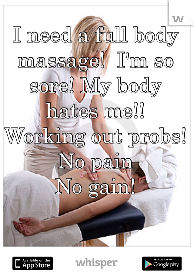 I need a full body massage!  I'm so sore! My body hates me!!
Working out probs!
No pain
No gain!