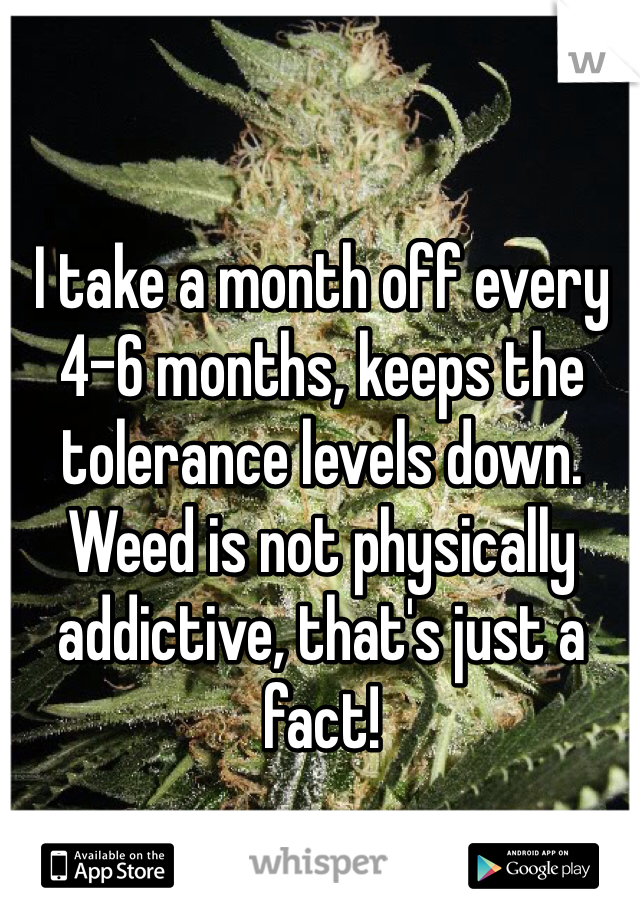 I take a month off every 4-6 months, keeps the tolerance levels down. Weed is not physically addictive, that's just a fact!