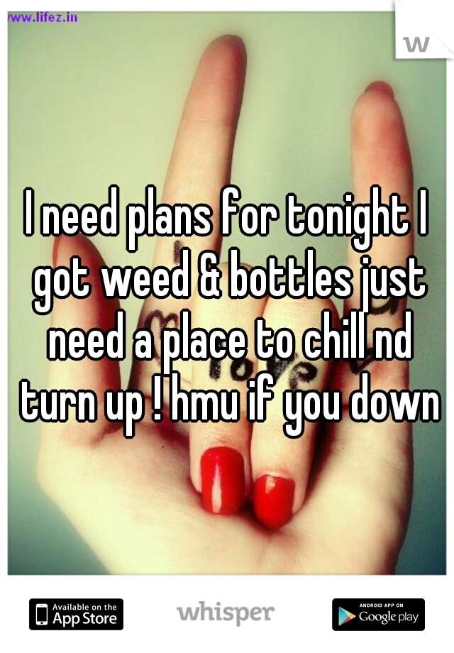 I need plans for tonight I got weed & bottles just need a place to chill nd turn up ! hmu if you down