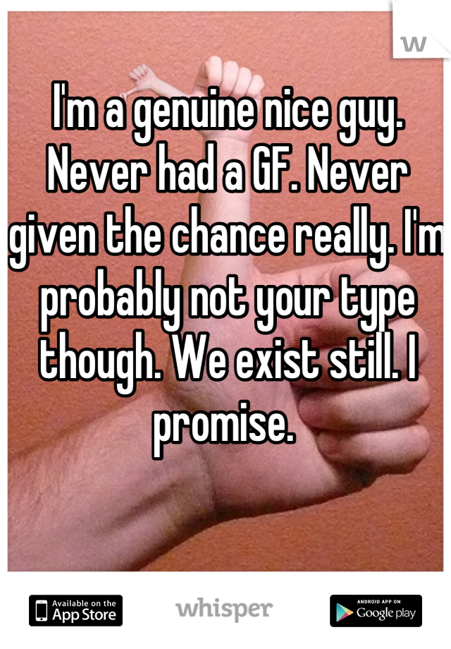 I'm a genuine nice guy. Never had a GF. Never given the chance really. I'm probably not your type though. We exist still. I promise. 
