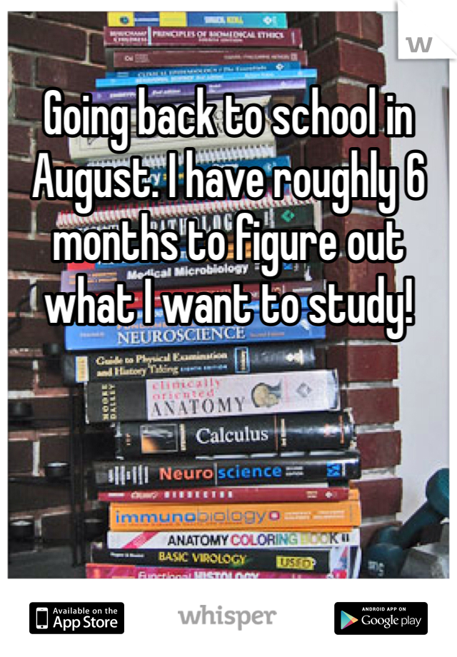 Going back to school in August. I have roughly 6 months to figure out what I want to study!