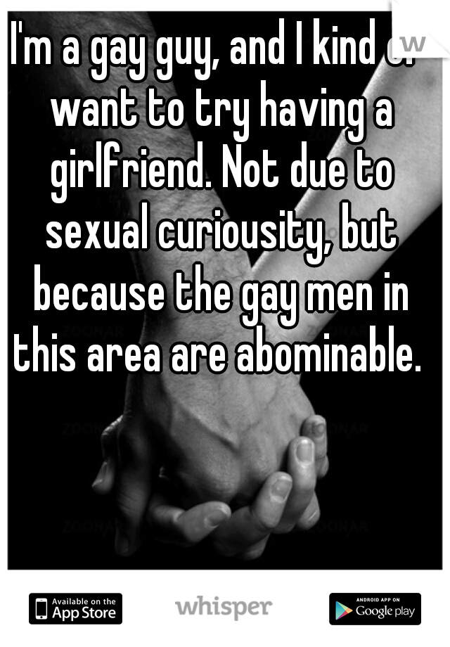 I'm a gay guy, and I kind of want to try having a girlfriend. Not due to sexual curiousity, but because the gay men in this area are abominable. 