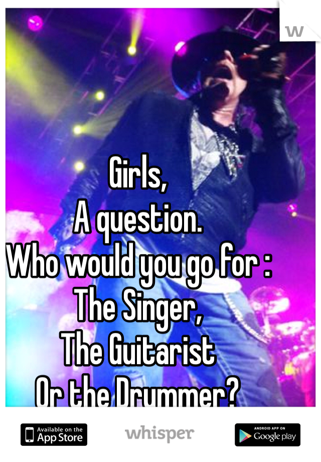 Girls,
A question.
Who would you go for :
The Singer,
The Guitarist
Or the Drummer?