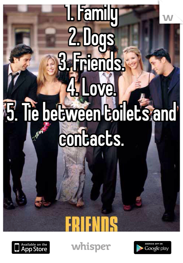 1. Family
2. Dogs
3. Friends. 
4. Love. 
5. Tie between toilets and contacts. 