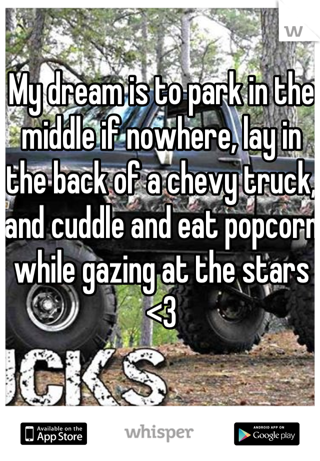 My dream is to park in the middle if nowhere, lay in the back of a chevy truck, and cuddle and eat popcorn while gazing at the stars <3