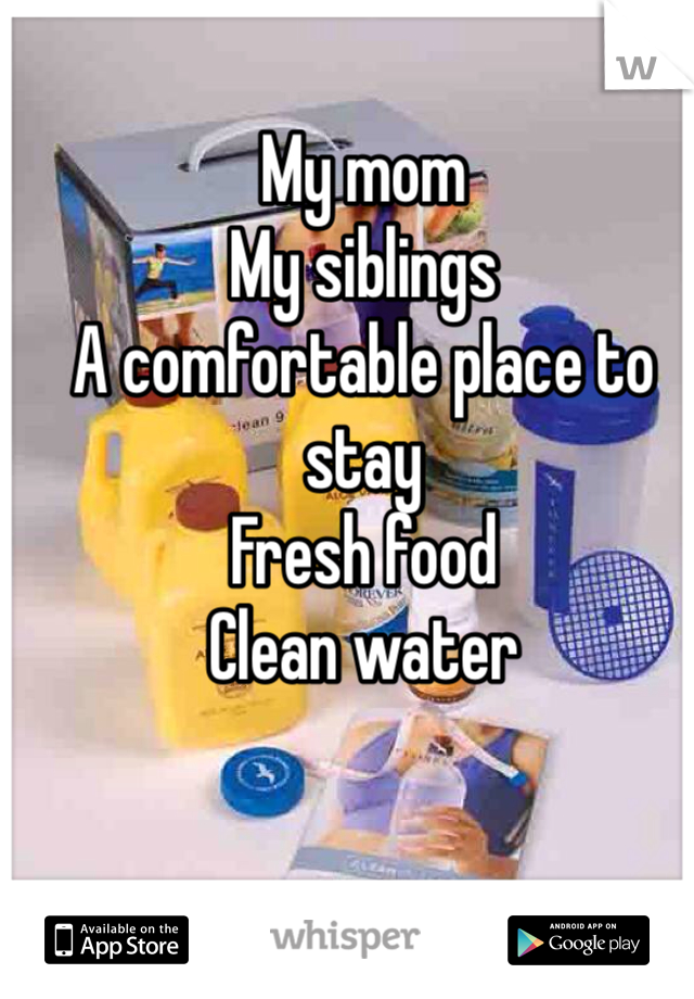 My mom
My siblings
A comfortable place to stay
Fresh food
Clean water