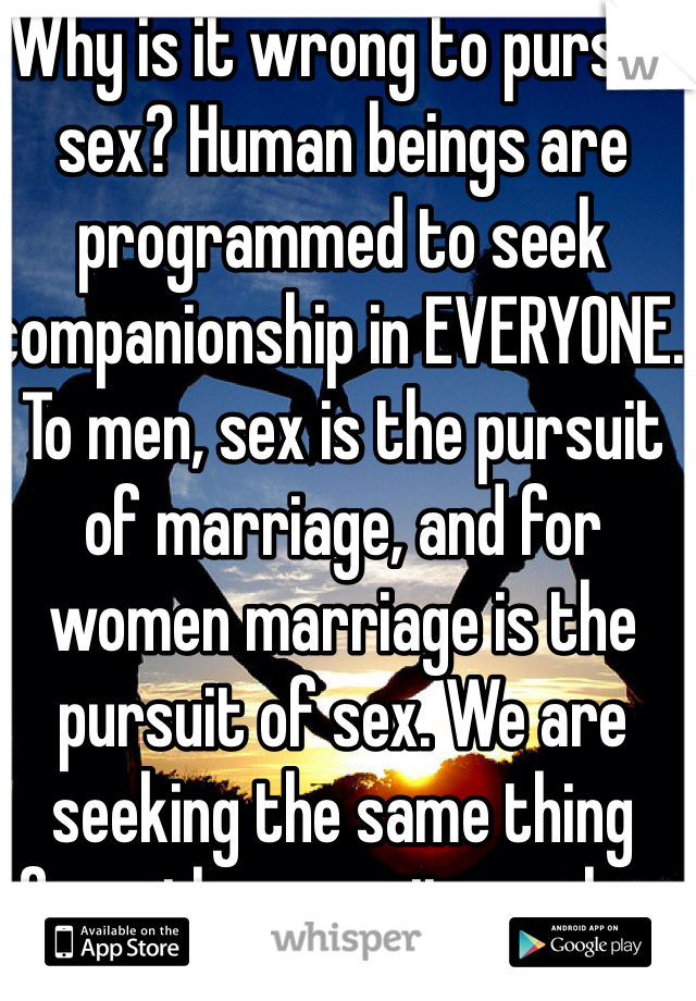 Why is it wrong to pursue sex? Human beings are programmed to seek companionship in EVERYONE. To men, sex is the pursuit of marriage, and for women marriage is the pursuit of sex. We are seeking the same thing from the opposite angles.