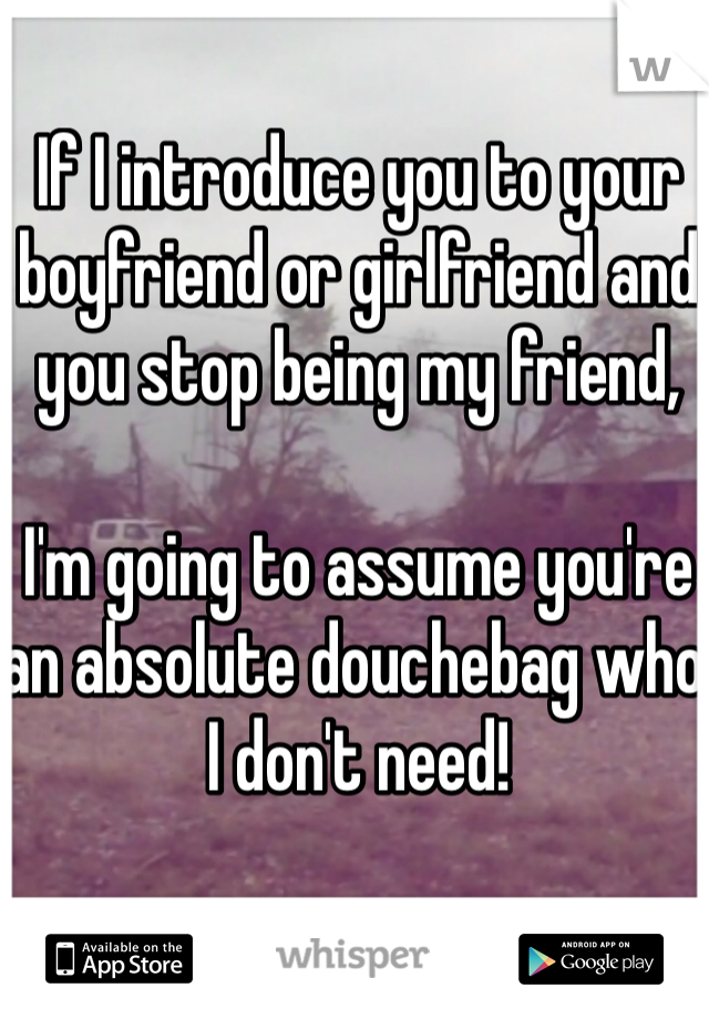 If I introduce you to your boyfriend or girlfriend and you stop being my friend,

I'm going to assume you're an absolute douchebag who I don't need!