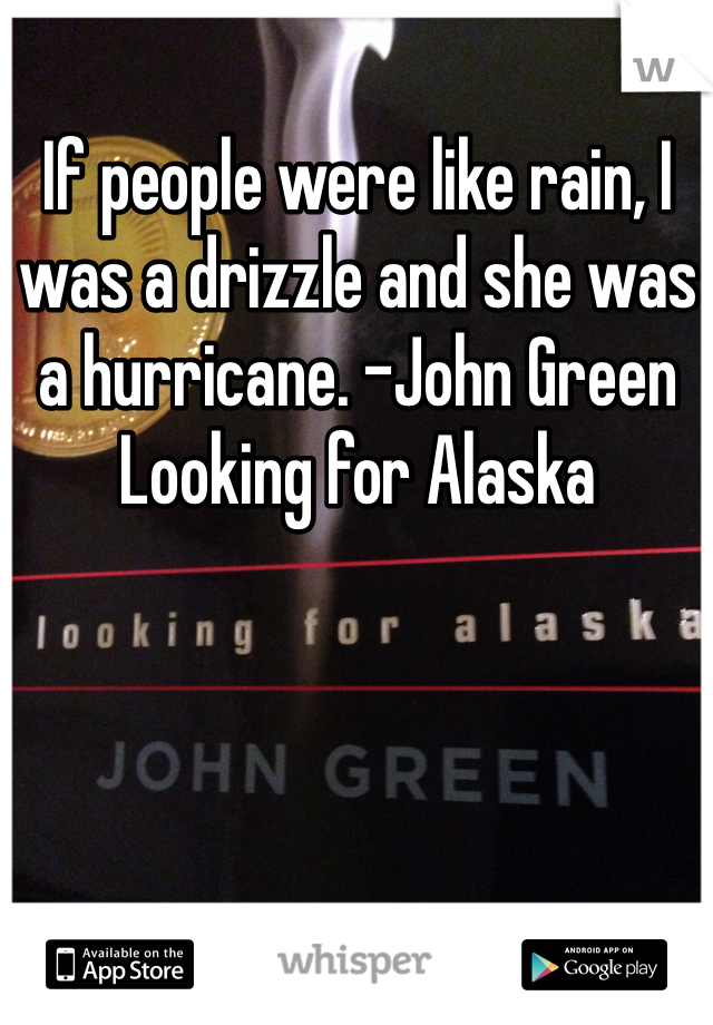 If people were like rain, I was a drizzle and she was a hurricane. -John Green Looking for Alaska