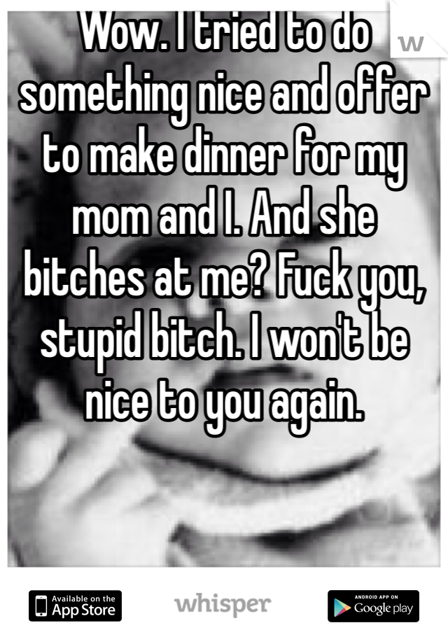 Wow. I tried to do something nice and offer to make dinner for my mom and I. And she bitches at me? Fuck you, stupid bitch. I won't be nice to you again.