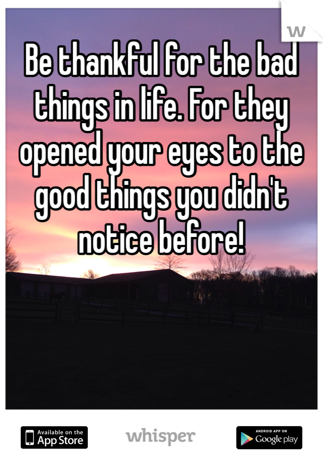 Be thankful for the bad things in life. For they opened your eyes to the good things you didn't notice before!