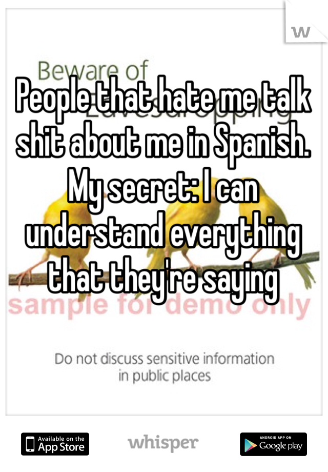 People that hate me talk shit about me in Spanish. My secret: I can understand everything that they're saying