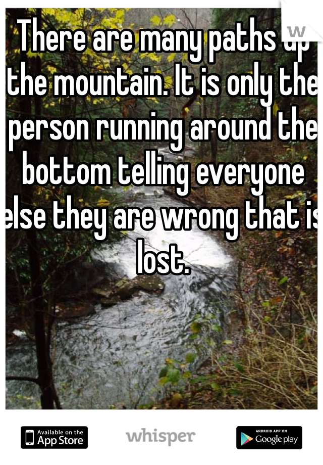 There are many paths up the mountain. It is only the person running around the bottom telling everyone else they are wrong that is lost. 