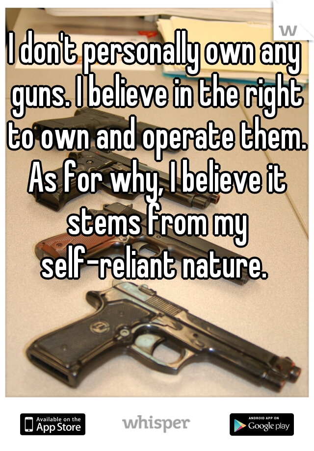 I don't personally own any guns. I believe in the right to own and operate them. As for why, I believe it stems from my self-reliant nature. 