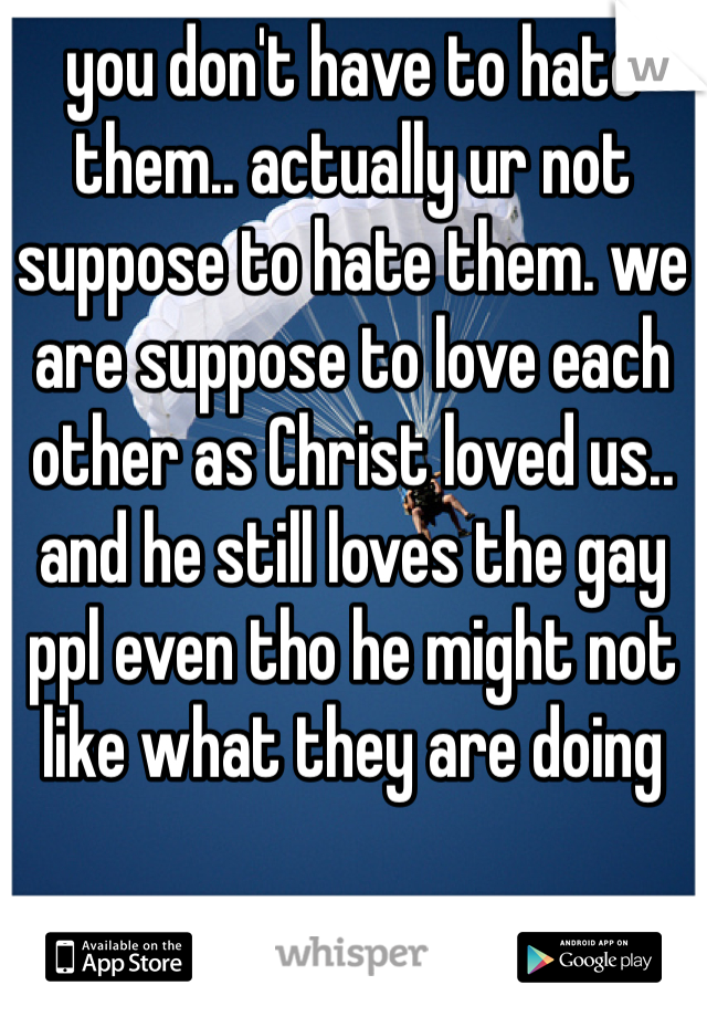you don't have to hate them.. actually ur not suppose to hate them. we are suppose to love each other as Christ loved us.. and he still loves the gay ppl even tho he might not like what they are doing