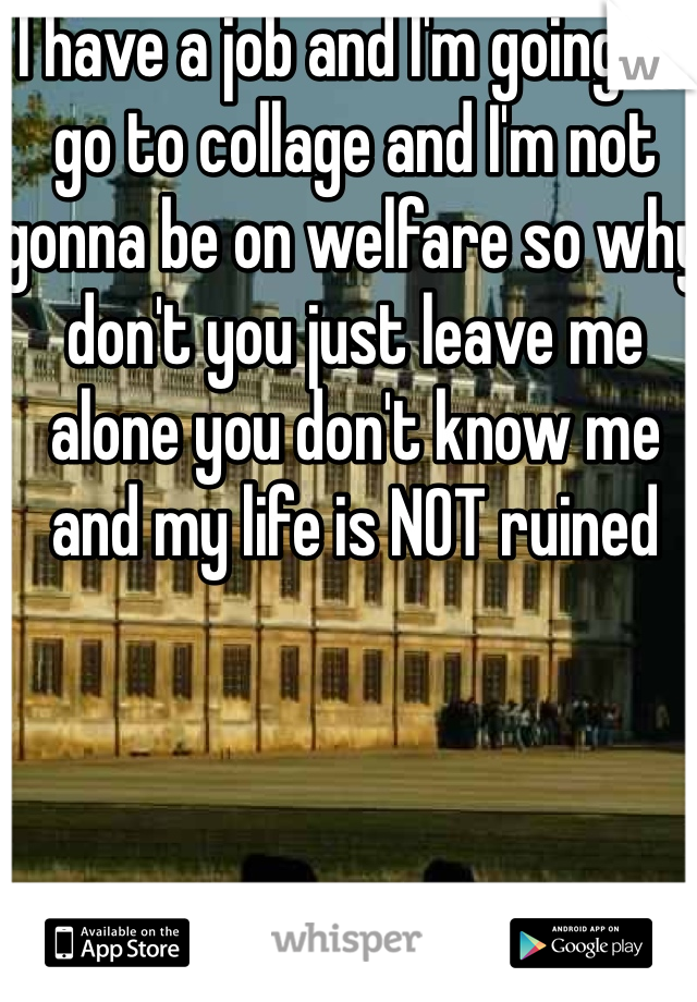 I have a job and I'm going to go to collage and I'm not gonna be on welfare so why don't you just leave me alone you don't know me and my life is NOT ruined 