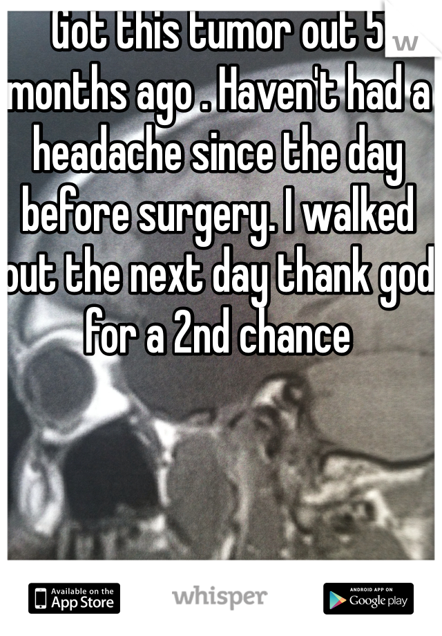 Got this tumor out 5 months ago . Haven't had a headache since the day before surgery. I walked out the next day thank god for a 2nd chance