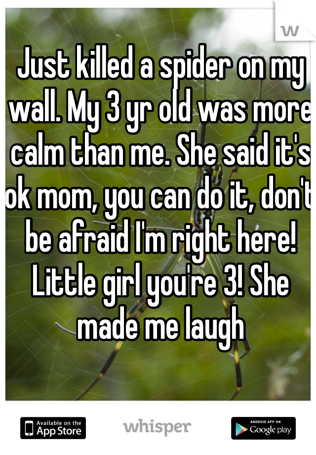 Just killed a spider on my wall. My 3 yr old was more calm than me. She said it's ok mom, you can do it, don't be afraid I'm right here! 
Little girl you're 3! She made me laugh 