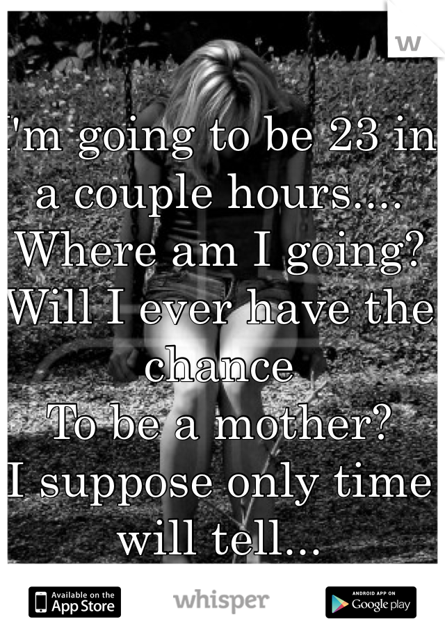 I'm going to be 23 in a couple hours....
Where am I going?
Will I ever have the chance
To be a mother?
I suppose only time will tell...