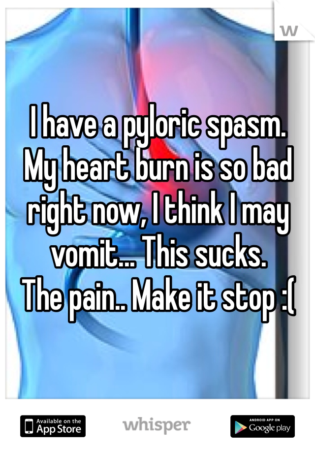 I have a pyloric spasm.
My heart burn is so bad right now, I think I may vomit... This sucks.
The pain.. Make it stop :(