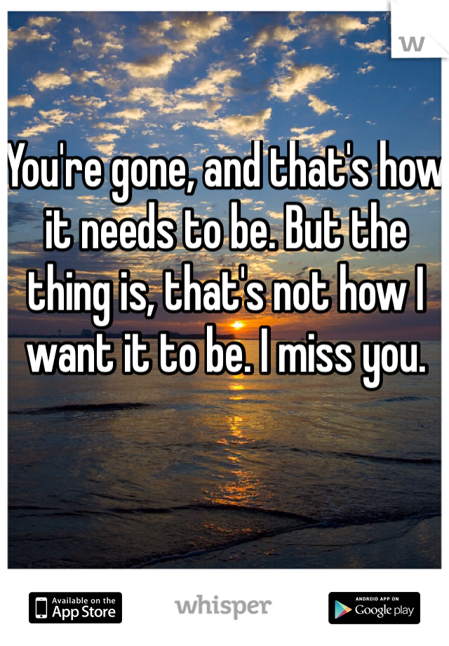 You're gone, and that's how it needs to be. But the thing is, that's not how I want it to be. I miss you. 