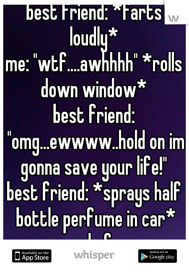 best friend: *farts loudly* 
 
me: "wtf....awhhhh" *rolls down window* 
 
best friend: "omg...ewwww..hold on im gonna save your life!" 
 
best friend: *sprays half bottle perfume in car*
 
me: lmfao