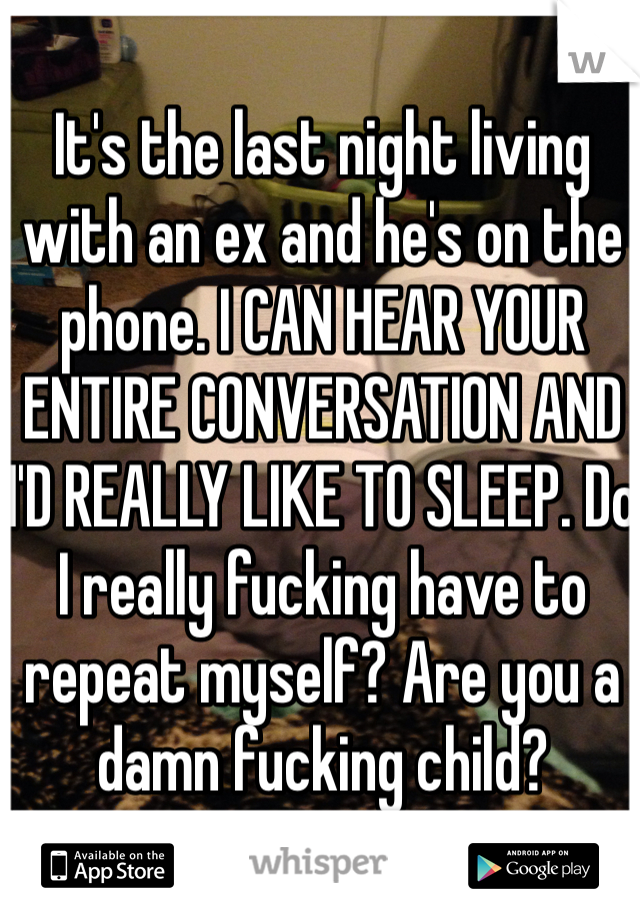 It's the last night living with an ex and he's on the phone. I CAN HEAR YOUR ENTIRE CONVERSATION AND I'D REALLY LIKE TO SLEEP. Do I really fucking have to repeat myself? Are you a damn fucking child?