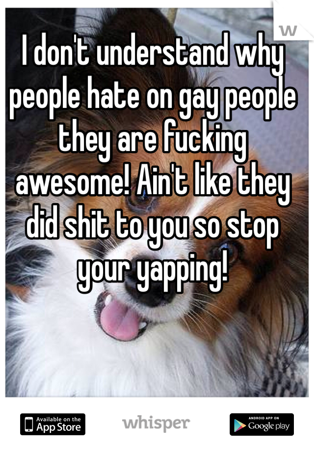 I don't understand why people hate on gay people they are fucking awesome! Ain't like they did shit to you so stop your yapping!