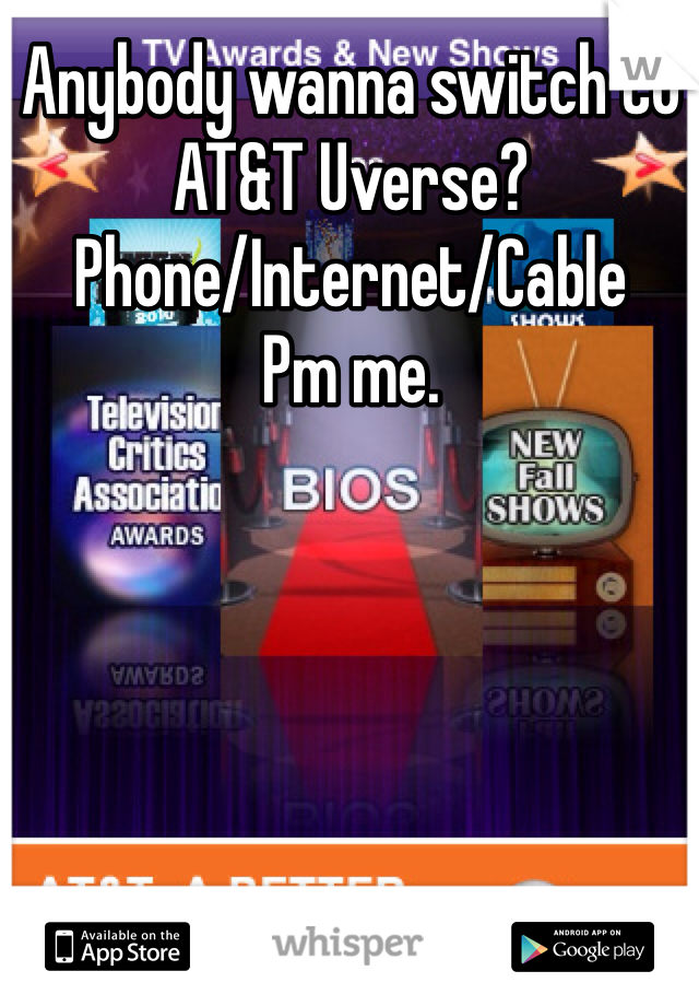 Anybody wanna switch to AT&T Uverse? 
Phone/Internet/Cable
Pm me. 