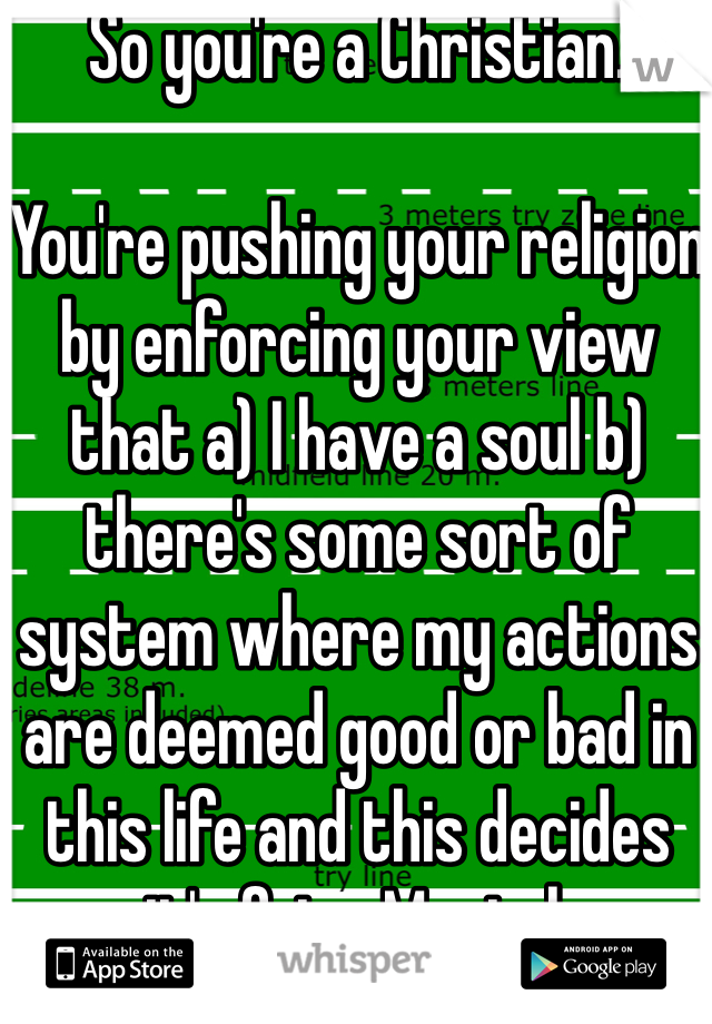 So you're a Christian.

You're pushing your religion by enforcing your view that a) I have a soul b) there's some sort of system where my actions are deemed good or bad in this life and this decides it's fate. Mental. 