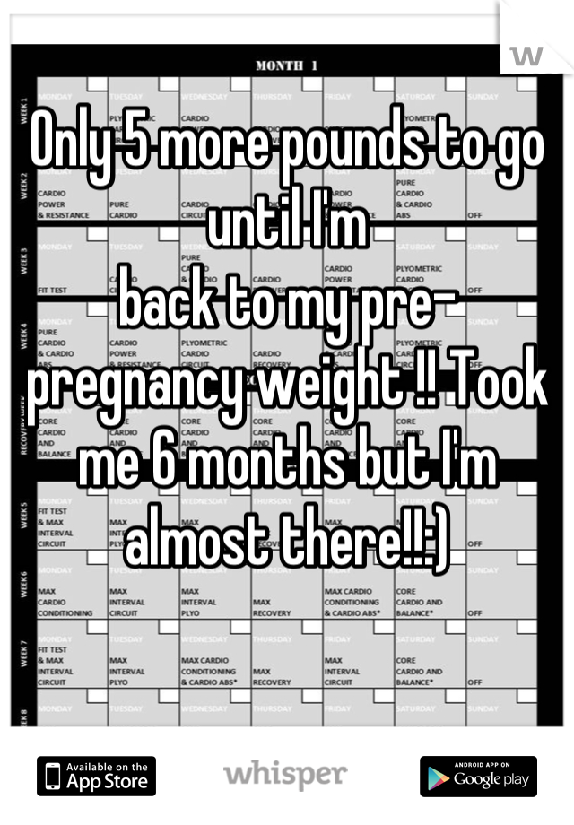 Only 5 more pounds to go until I'm
back to my pre-pregnancy weight !! Took me 6 months but I'm almost there!!:)