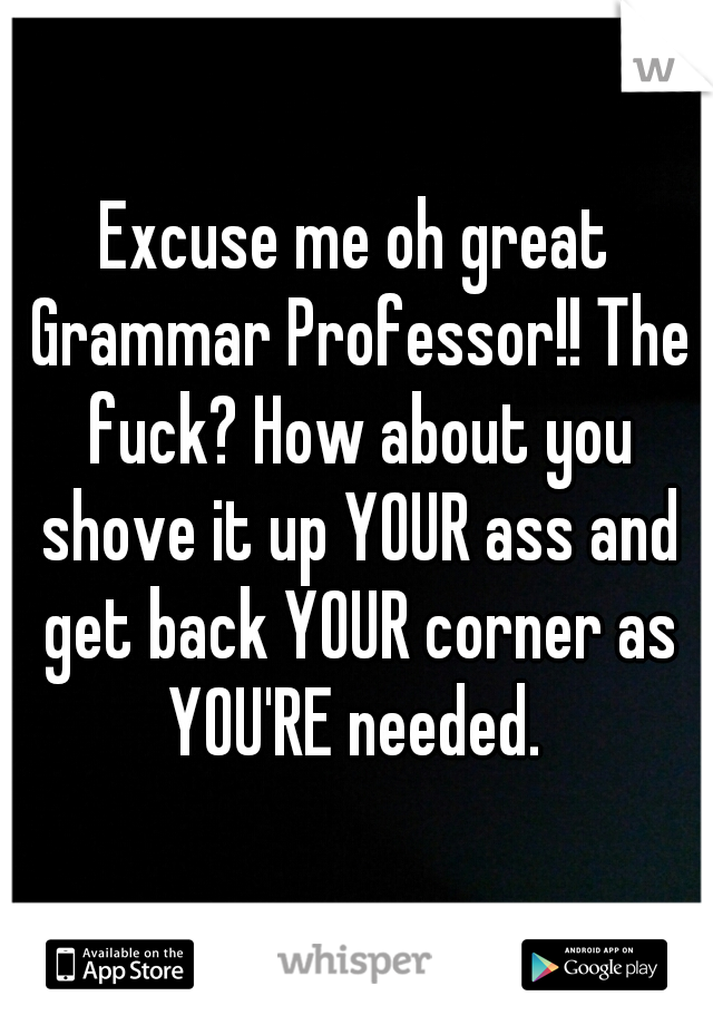 Excuse me oh great Grammar Professor!! The fuck? How about you shove it up YOUR ass and get back YOUR corner as YOU'RE needed. 