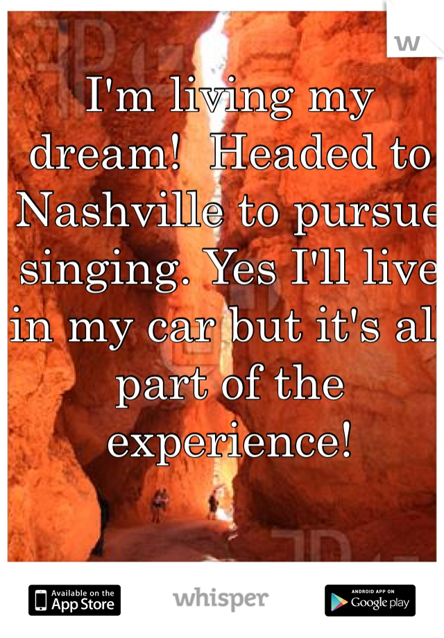 I'm living my dream!  Headed to Nashville to pursue singing. Yes I'll live in my car but it's all part of the experience! 