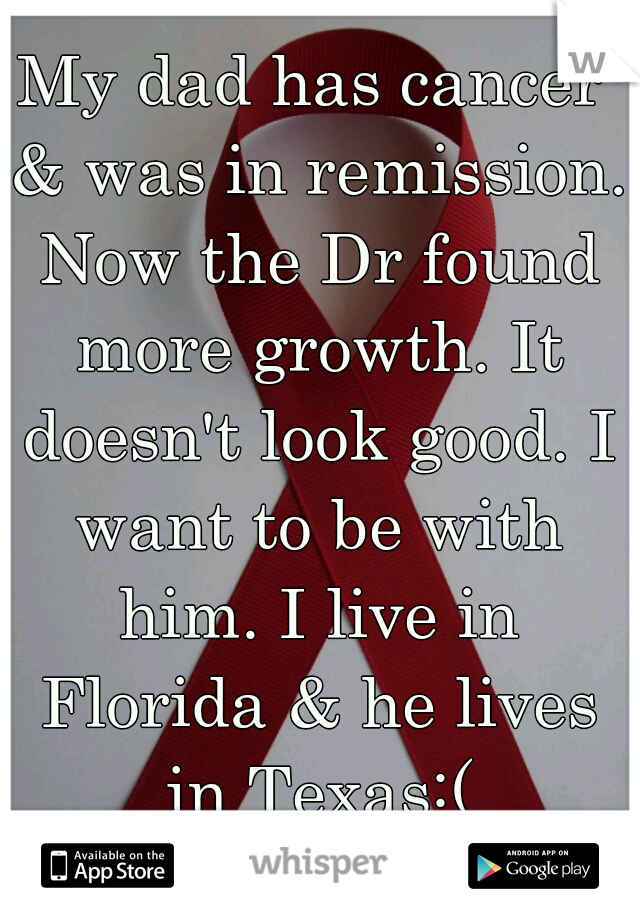 My dad has cancer & was in remission. Now the Dr found more growth. It doesn't look good. I want to be with him. I live in Florida & he lives in Texas:(